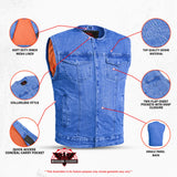 Mens Blue Denim Motorcycle Vest with Concealed Snaps & Zipper