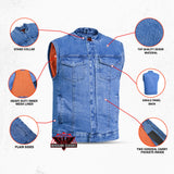 Men's Blue Denim Motorcycle Vest with Lace & Pockets