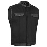 Men's Black Denim Single Panel Concealment Vest W/ Leather Trim
