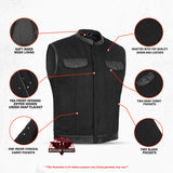 Men's Black Denim Single Panel Concealment Vest W/ Leather Trim