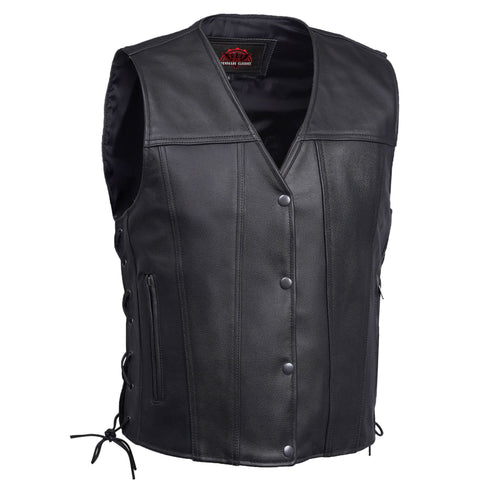 Clubster Men's Black Milled Cowhide Side Lace Motorcycle Leather Vest