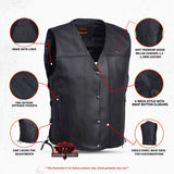 Clubster Men's Black Milled Cowhide Side Lace Motorcycle Leather Vest