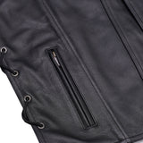 Men's Black Leather Vest with Side Laces and Smart Access Pockets