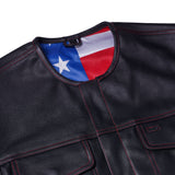 Men's Banded Collar leather Vest with USA Flag Lining & Red Stitching