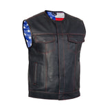 Men's Banded Collar leather Vest with USA Flag Lining & Red Stitching