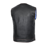 Men's Banded Collar leather Vest with USA Flag Lining & Red Stitching