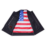 Men's Banded Collar leather Vest with USA Flag Lining & Red Stitching