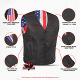 Men's Honor Ride Black Leather Motorcycle Vest with Red Stitching