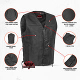 Men's Tall Classic Tapered Bottom Biker Leather Vest- Black