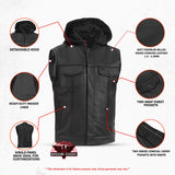 Men's Black Leather Motorcycle Vest with Removable Hood
