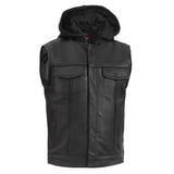 Men's Black Leather Motorcycle Vest with Removable Hood