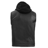 Men's Black Leather Motorcycle Vest with Removable Hood
