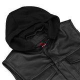 Men's Black Leather Motorcycle Vest with Removable Hood