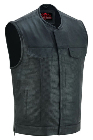 Men's Collarless Perforated Leather Vest - Black