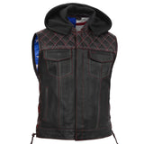Men's Road Edge Leather Black Vest – Removable Hood