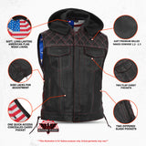 Men's Road Edge Leather Black Vest – Removable Hood