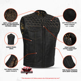 Men's Gold Rush Black Leather Vest - Yellow Stitching
