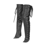 Women's Black Thigh High Leather Side Lace Leggings