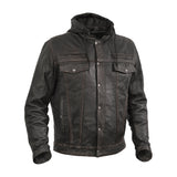 Men's Black Lightweight Drum Dyed  Distressed Lambskin Jacket with Removable Hoodie