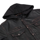 Men's Black Lightweight Drum Dyed  Distressed Lambskin Jacket with Removable Hoodie