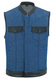 Men's Upgraded Broken Blue Denim Motorcycle Vest w/Leather Trimming
