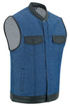 Men's Upgraded Broken Blue Denim Motorcycle Vest w/Leather Trimming