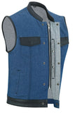 Men's Upgraded Broken Blue Denim Motorcycle Vest w/Leather Trimming