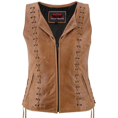 Women's Brown Zippered Vest with Lacing Details