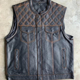 Orange Diamond - Mens Premium Leather Diamond Stitch Club Vest