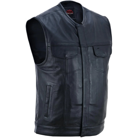 Men's Titan Black Leather Vest -  Milled Cowhide, Hidden Zipper