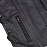 Men's Black Leather Vest with Side Laces and Smart Access Pockets