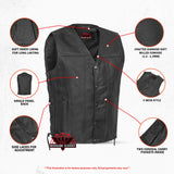 Men's Tall Classic Tapered Bottom Biker Leather Vest- Black