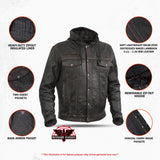 Men's Black Lightweight Drum Dyed  Distressed Lambskin Jacket with Removable Hoodie