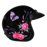 DOT Approved Daytona Cruiser Open Face Motorcycle Helmet - Men, Women & Youth - With Visor & Graphics - W/ Butterfly