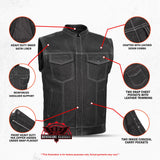 Men's Leather-Denim Combo Motorcycle Vest w/ Scoop Collar