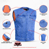 Mens Blue Denim Motorcycle Vest with Concealed Snaps & Zipper