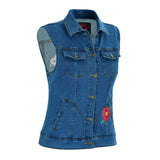 Women's Blue Denim Snap Front Vest with Red Daisy
