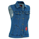 Women's Blue Denim Snap Front Vest with Red Daisy