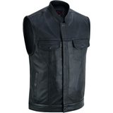 Highway Jack Men's Black Leather Motorcycle Vest Scoop Neck & Snap-Closure Pockets