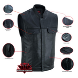 Highway Jack Men's Black Leather Motorcycle Vest Scoop Neck & Snap-Closure Pockets