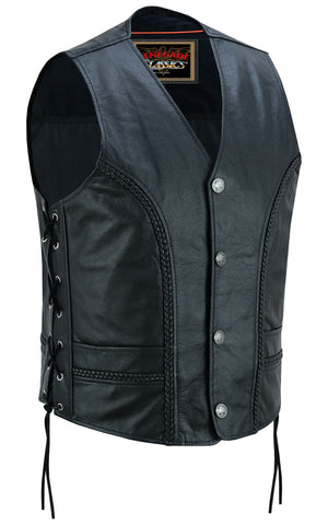 Charlie Men's Black Braided Leather Motorcycle Vest & Lace-Up Sides