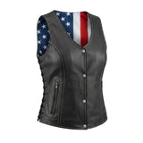American Woman - USA Flag Liner Leather Motorcycle Vest