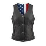 American Woman - USA Flag Liner Leather Motorcycle Vest