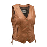 Leah - Women's Lambskin Leather Motorcycle Vest (Brown)