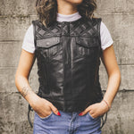 Bonnie - Women's Motorcycle Leather Vest - Diamond Quilt