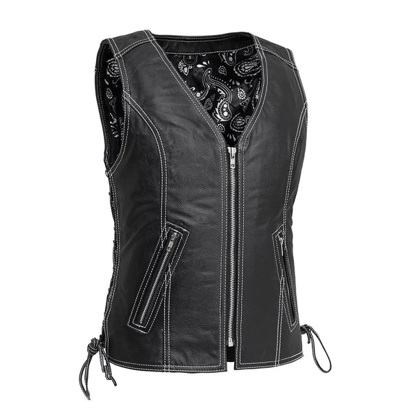 トップス Used Leather Vest Cindy - Women's Motorcycle Leather Vest Black – Route 32