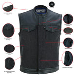 Men's Leather/Denim Combo Vest Without Collar