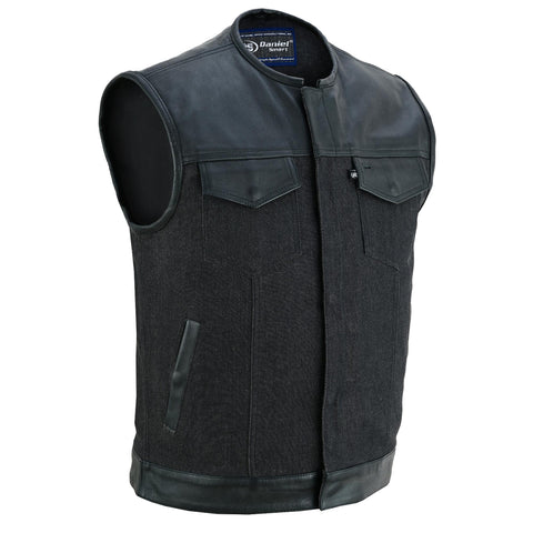 DM901 Men's Leather/Denim Combo Vest Without Collar