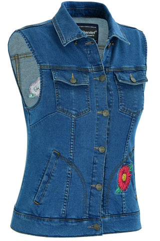 Women's Blue Denim Snap Front Vest with Red Daisy