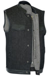 Men's Rough Rub-Off Raw Finish Denim Vest W/Leather Trim - Scoop Collar